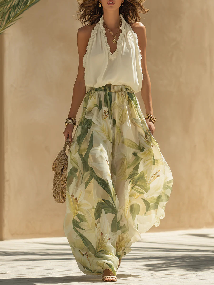 Alessandra - Chiffon Sleeveless Top with Ruffles and Lily Print Trousers
