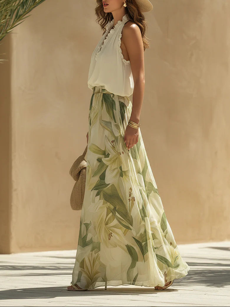 Alessandra - Chiffon Sleeveless Top with Ruffles and Lily Print Trousers