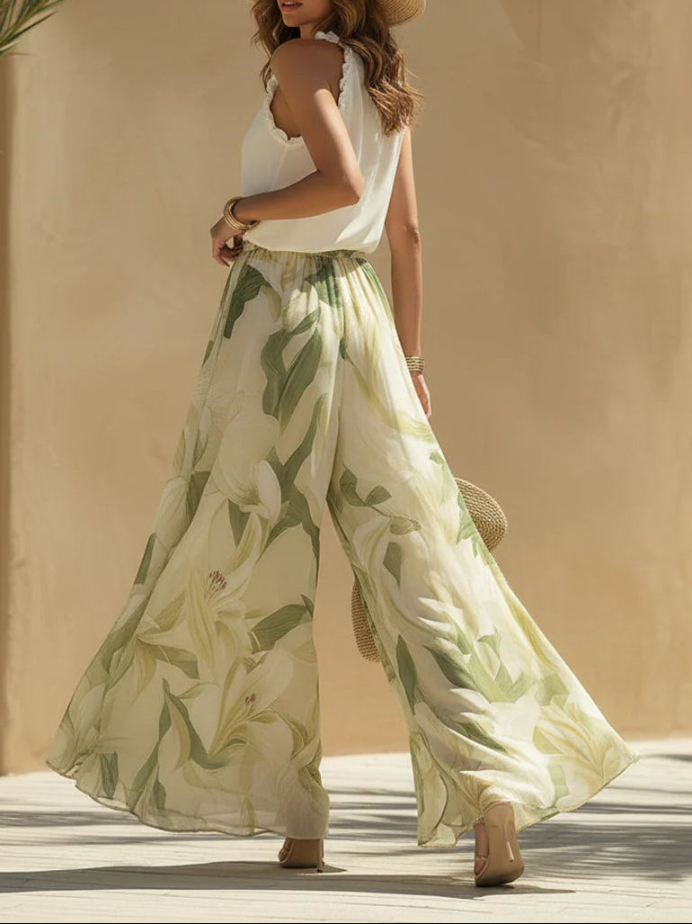 Alessandra - Chiffon Sleeveless Top with Ruffles and Lily Print Trousers
