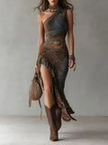 Elena - Long one-shoulder printed dress in ethnic style with high slit