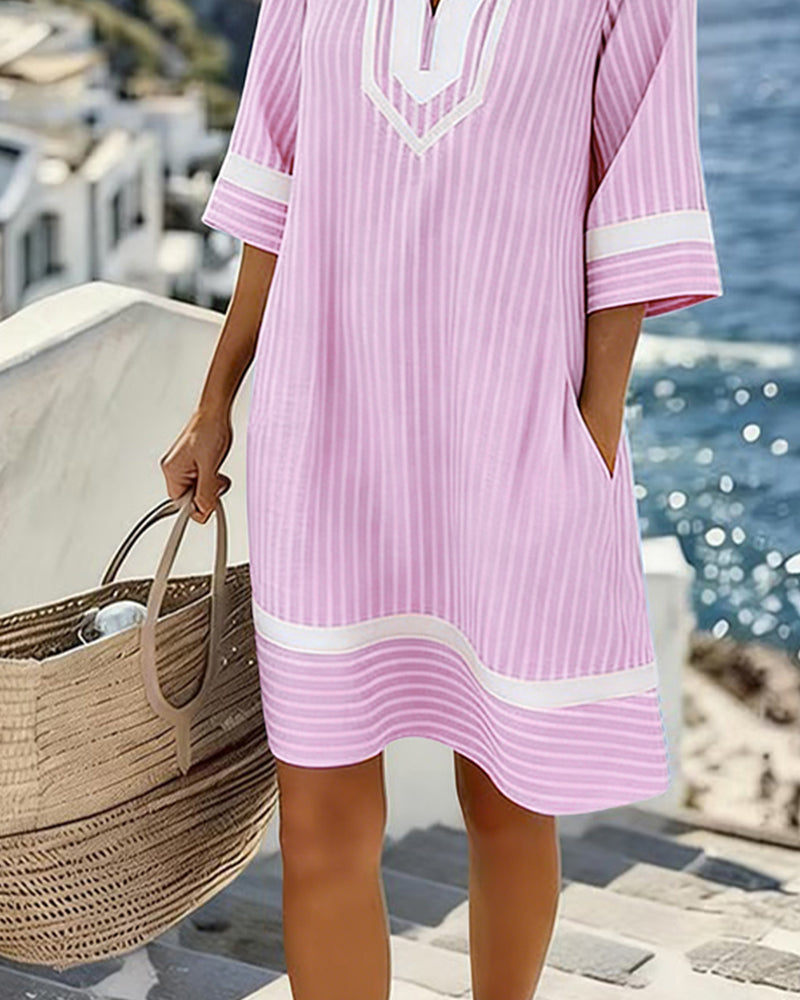Lisa - V-Neck Short Sleeve Striped Dress