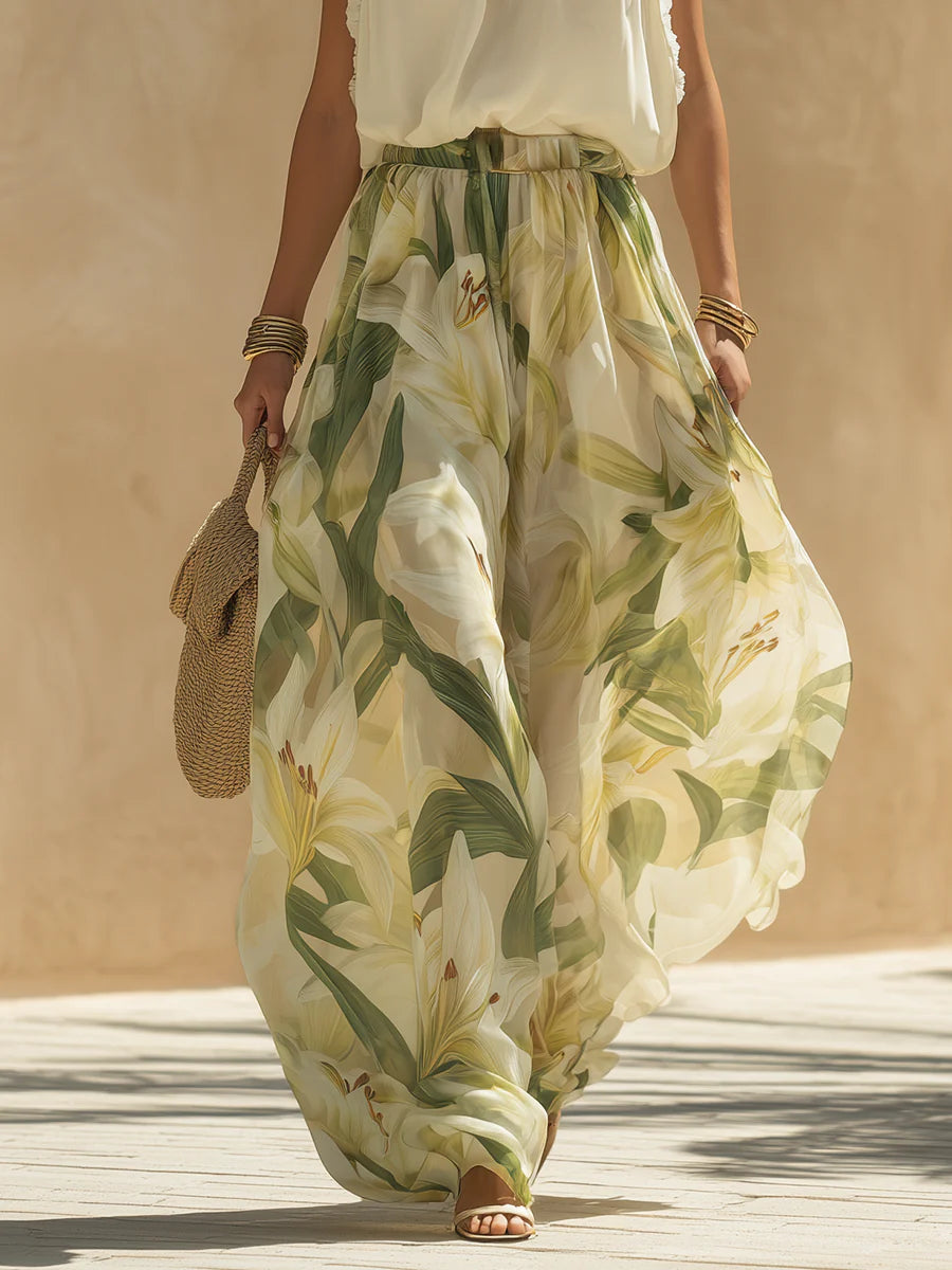 Alessandra - Chiffon Sleeveless Top with Ruffles and Lily Print Trousers