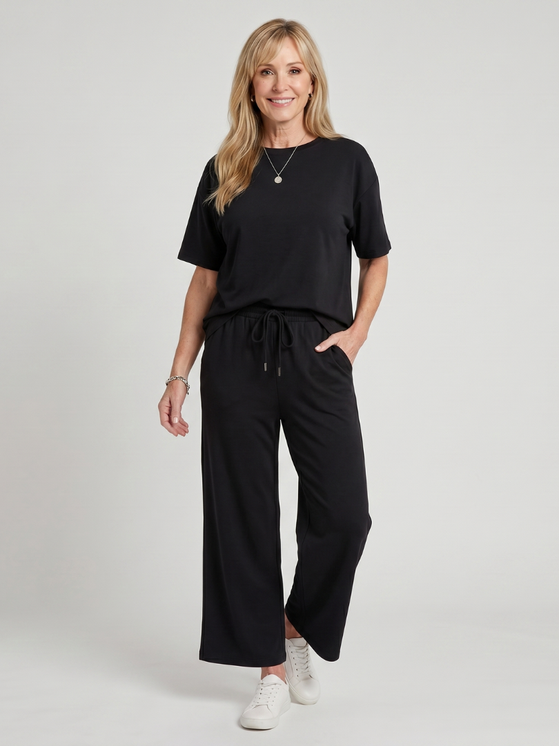 Wihel | Short Sleeve Drawstring Waist And Straight Leg Trousers Set