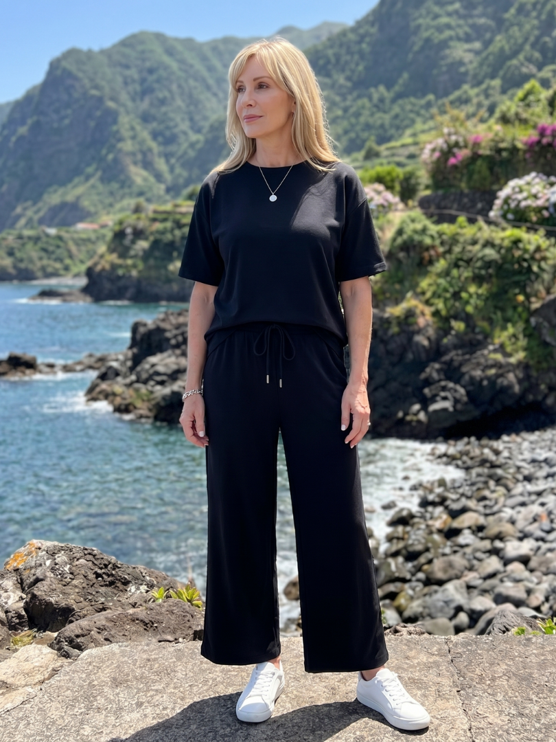 Wihel | Short Sleeve Drawstring Waist And Straight Leg Trousers Set