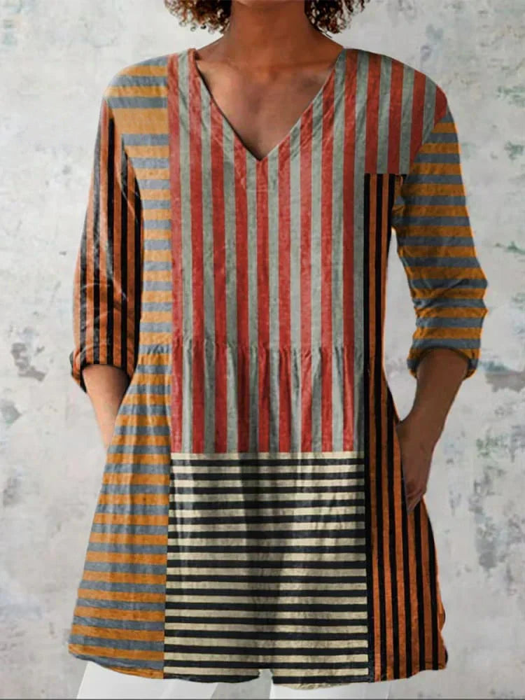 Avery | Stripe Patchwork V-Neck Shirt