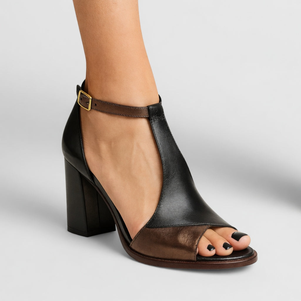 Elwira™ — Two-tone block heel sandals with a bold urban elegance