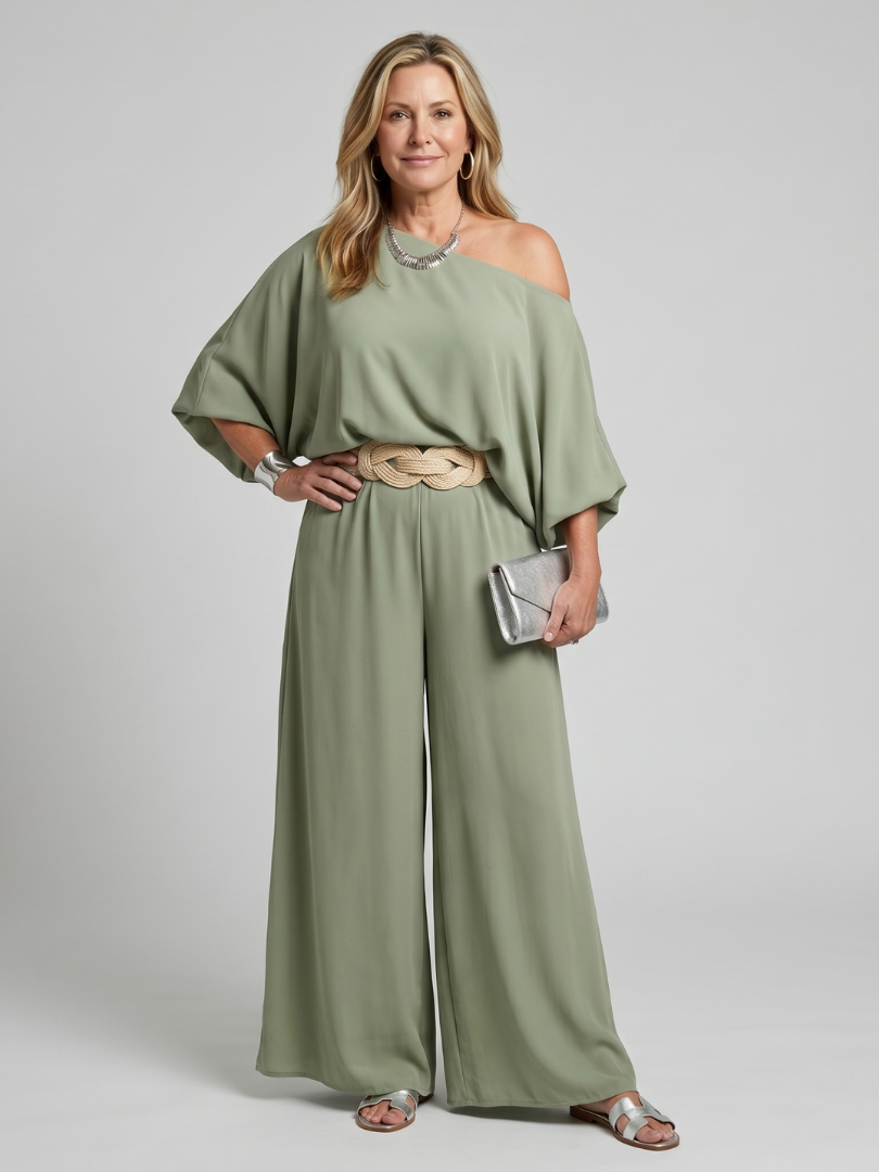Siomara | One Shoulder Wide Sleeve Top and Wide Leg Trousers Set
