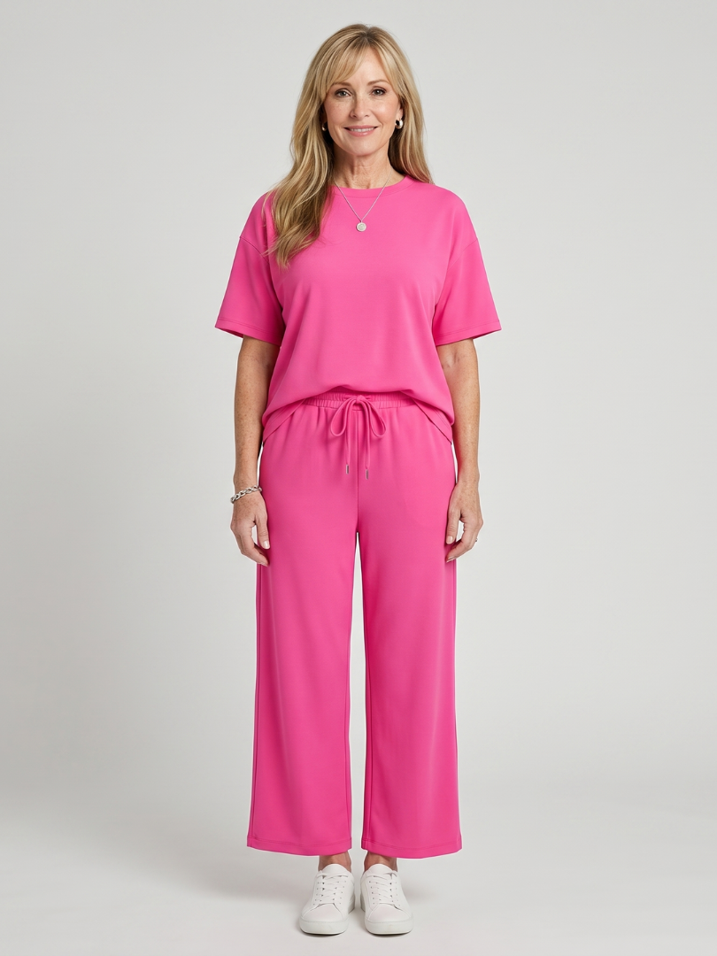 Wihel | Short Sleeve Drawstring Waist And Straight Leg Trousers Set