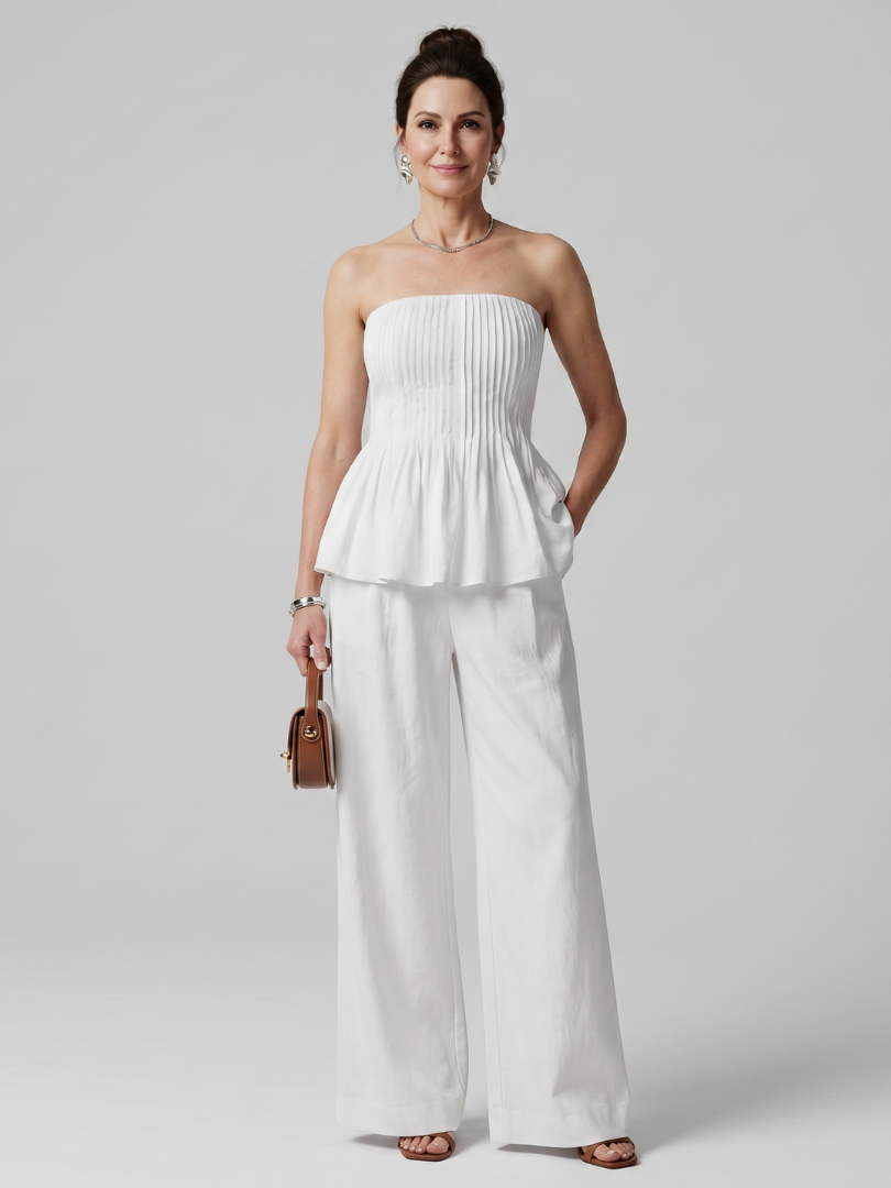 Rila | Strapless Smocked Top and Wide Leg Trousers Set