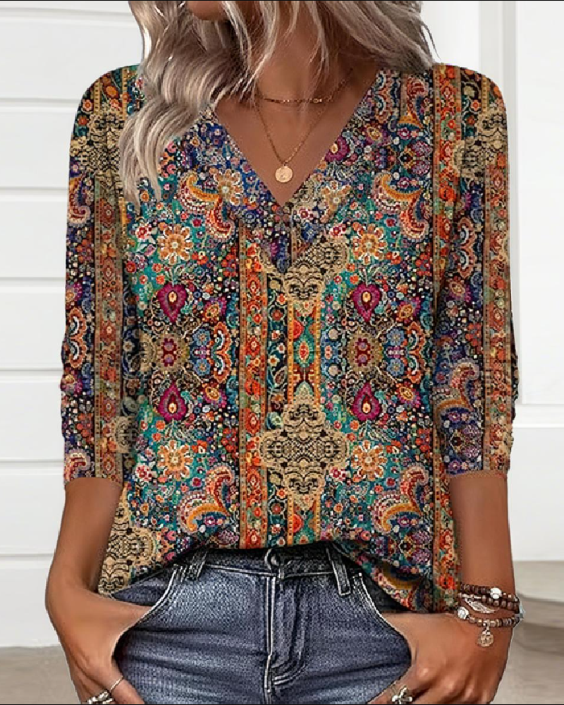 Katherine - Retro Printed Blouse V-Neck