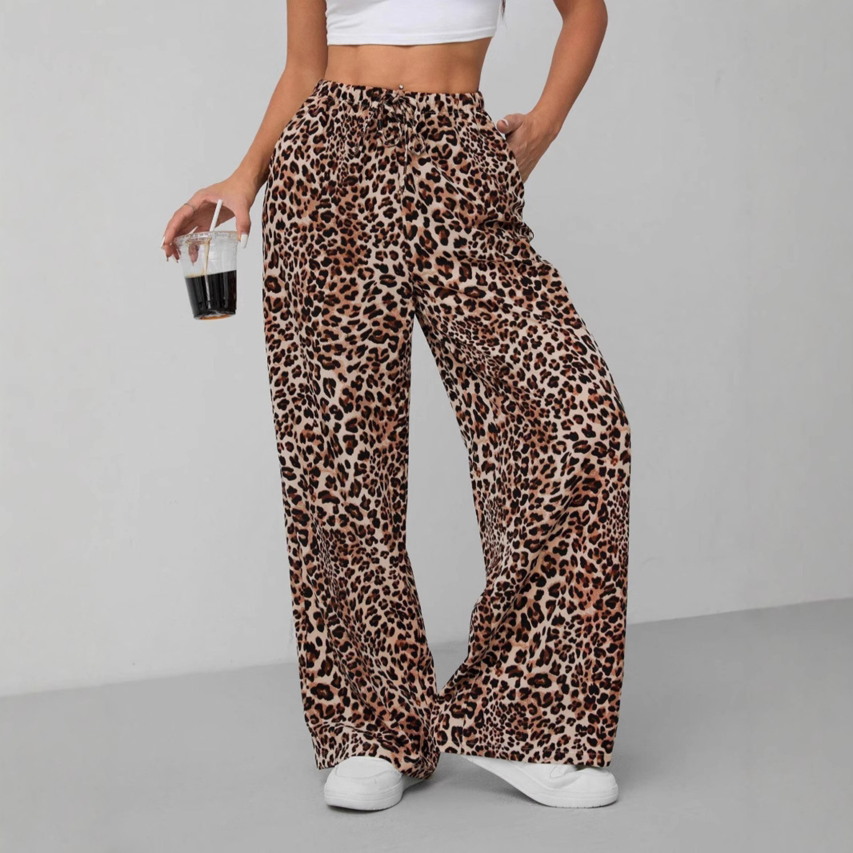 SYALA™ - Vintage Leopard Tie Front Wide Leg Trousers