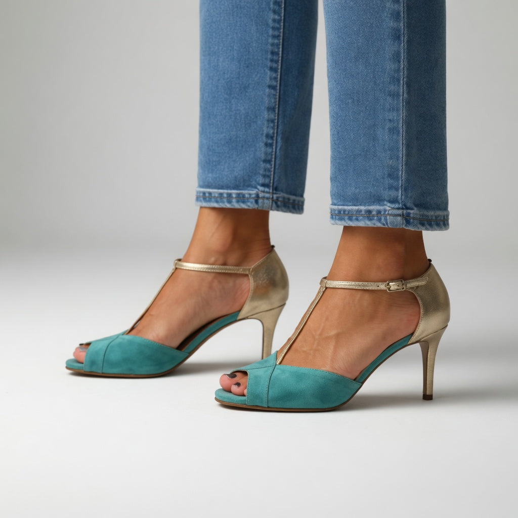 Roksana™ — Two-tone turquoise and gold stiletto heels with vibrant elegance