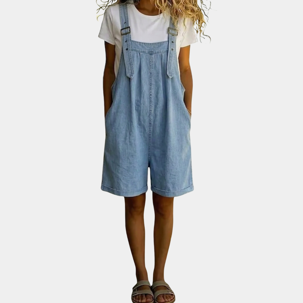 Michelle - Vintage Washed Soft Cotton Feel Denim Short Overall Light Blue