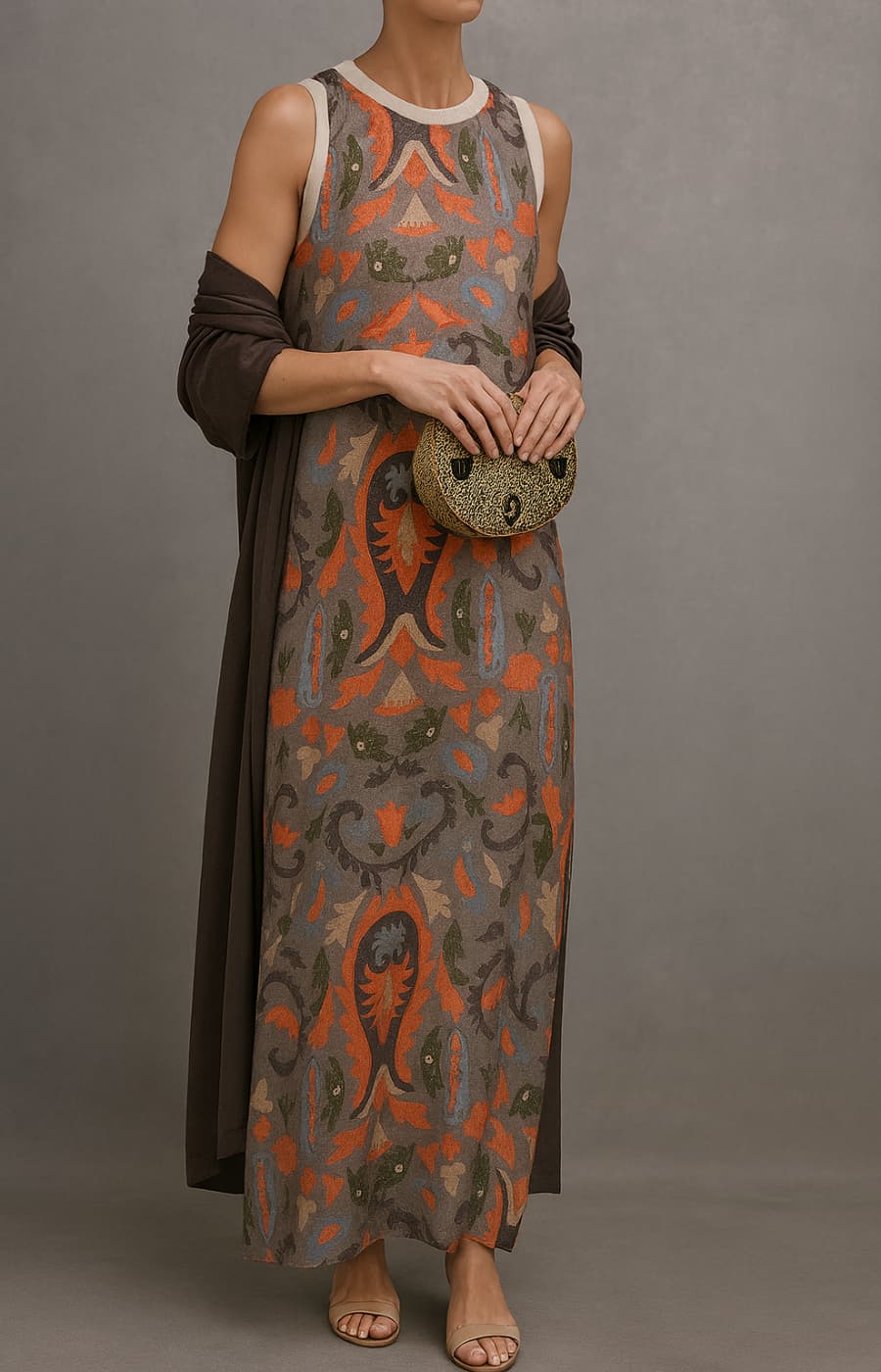 Élina | Long Printed Dress Set with Matching Gilet