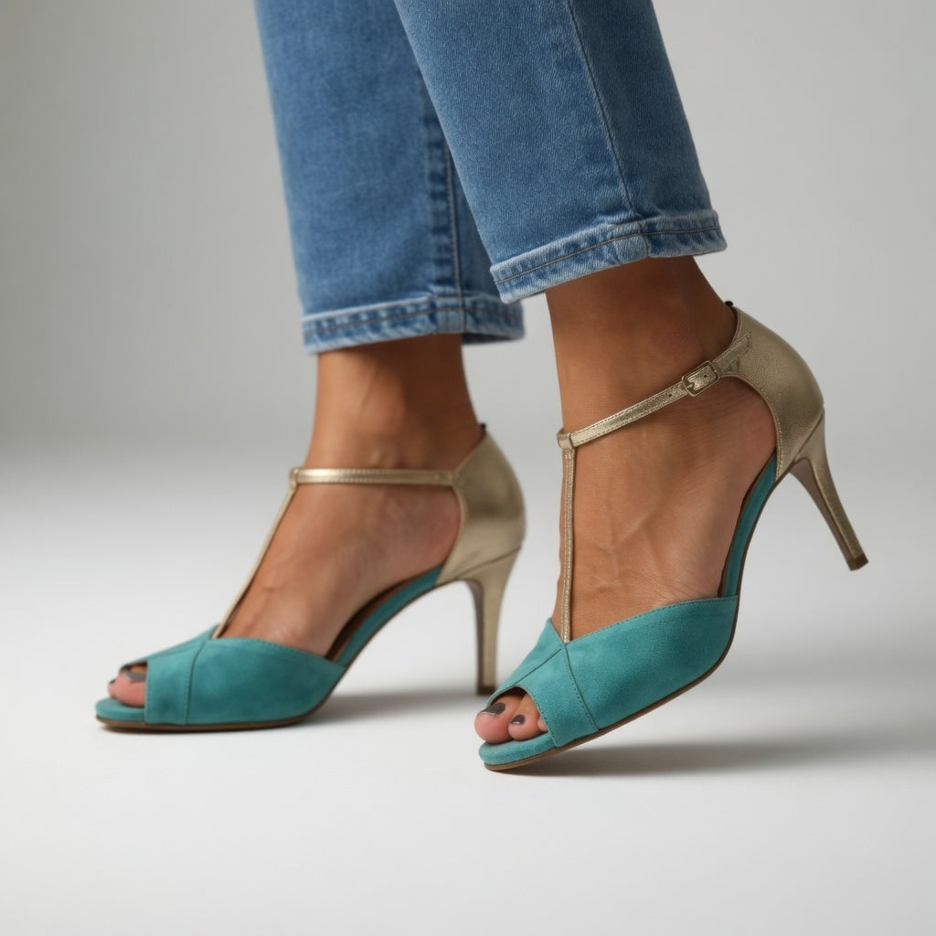 Roksana™ — Two-tone turquoise and gold stiletto heels with vibrant elegance