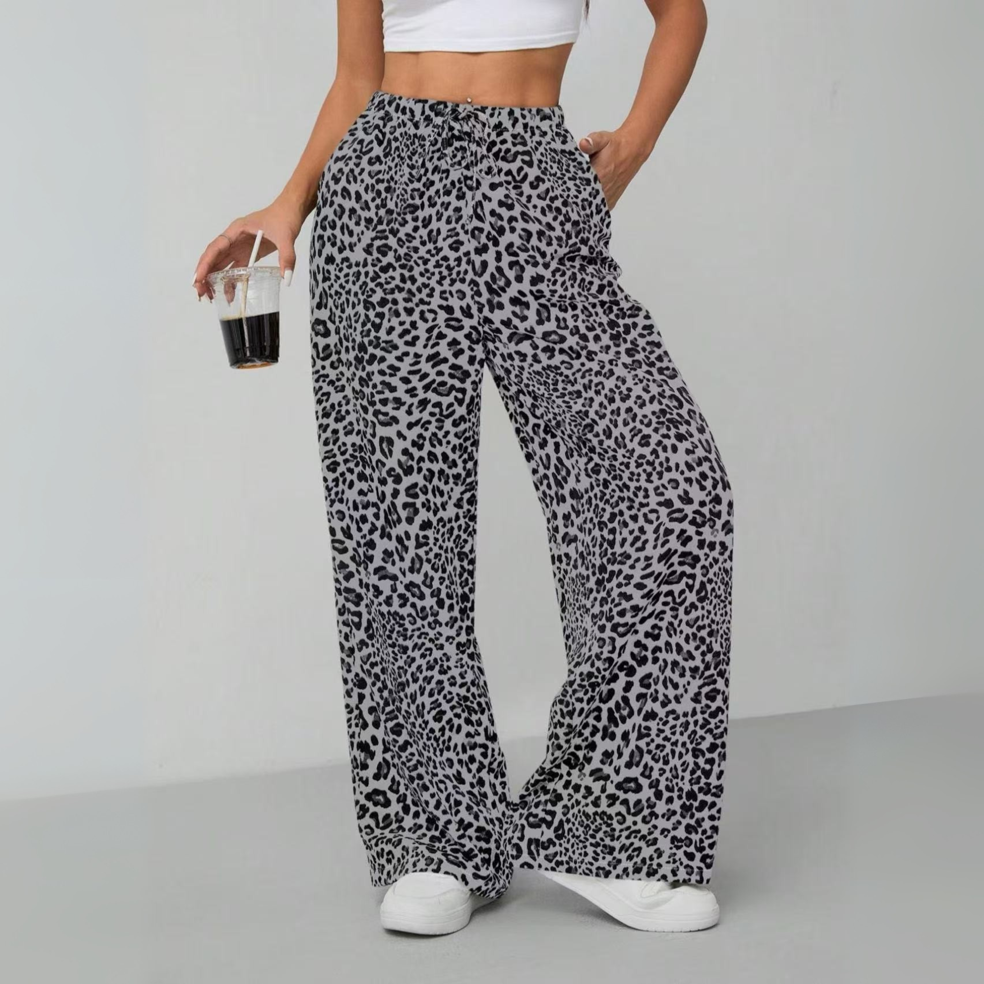 SYALA™ - Vintage Leopard Tie Front Wide Leg Trousers