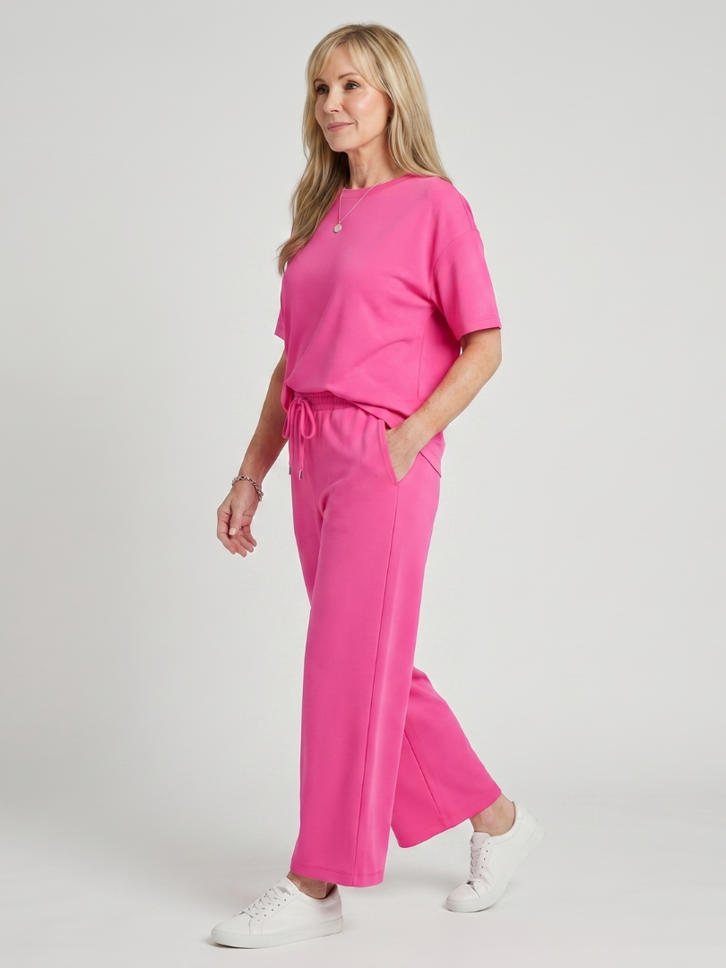 Wihel | Short Sleeve Drawstring Waist And Straight Leg Trousers Set