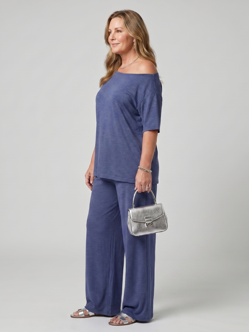 Elarim | Short Sleeve Off Shoulder Top and Wide Leg Trousers Set