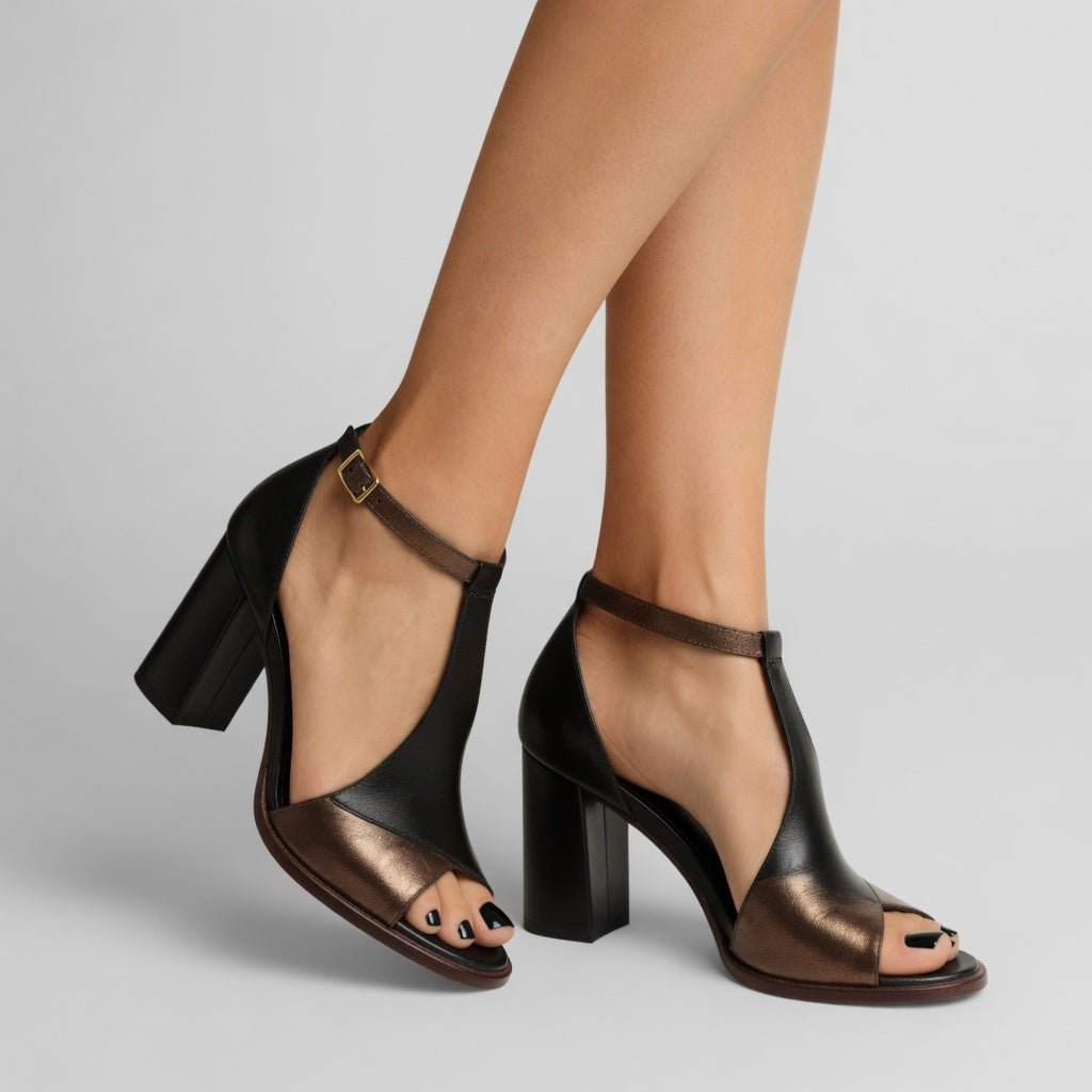 Elwira™ — Two-tone block heel sandals with a bold urban elegance