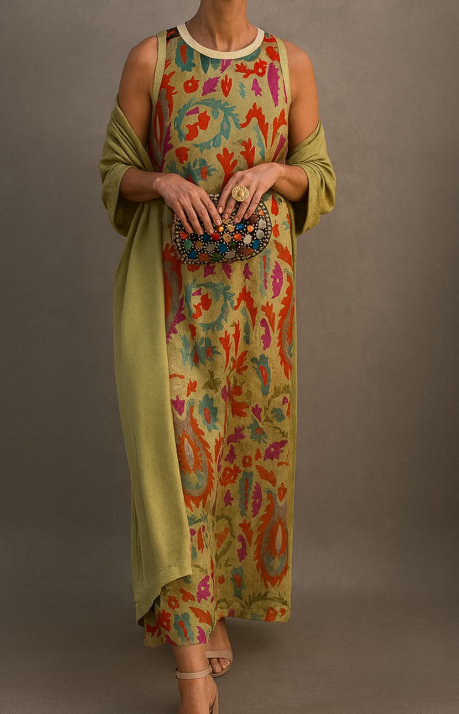 Élina | Long Printed Dress Set with Matching Gilet