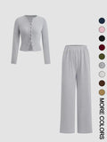 FLORLIE™ - Women’s Ribbed Crop Top & Elastic Waist Pants Casual Set