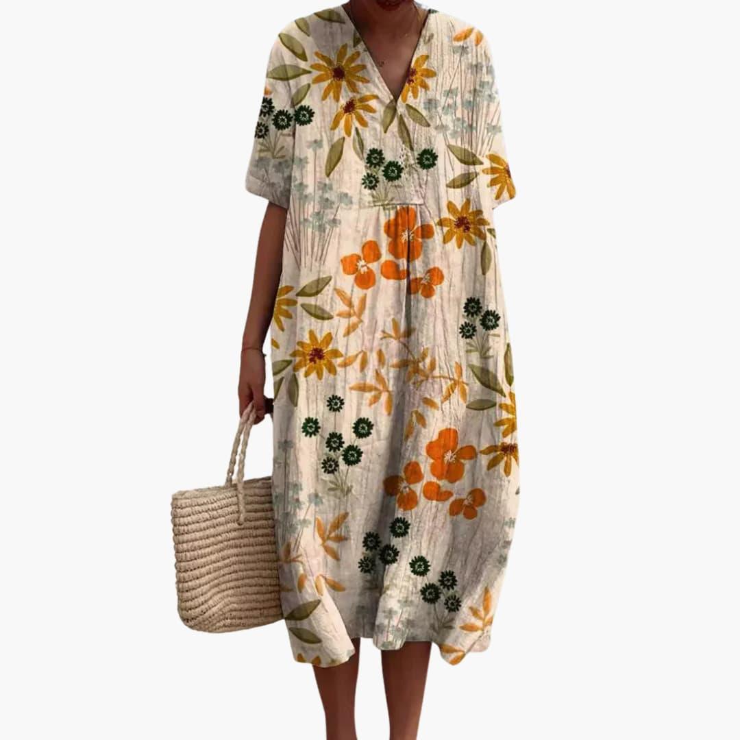 Shirley | Floral Cotton V Neck Short Sleeve Oversized Casual Midi Dress