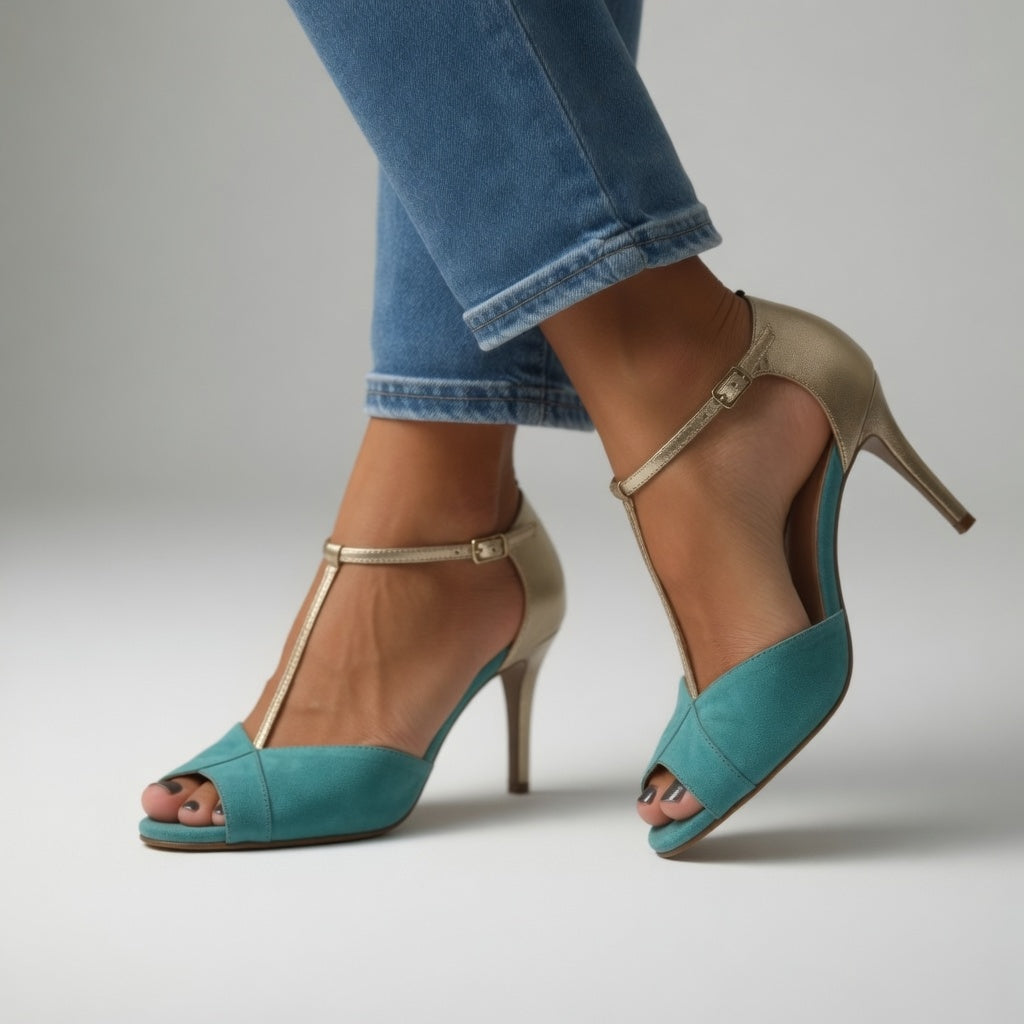 Roksana™ — Two-tone turquoise and gold stiletto heels with vibrant elegance