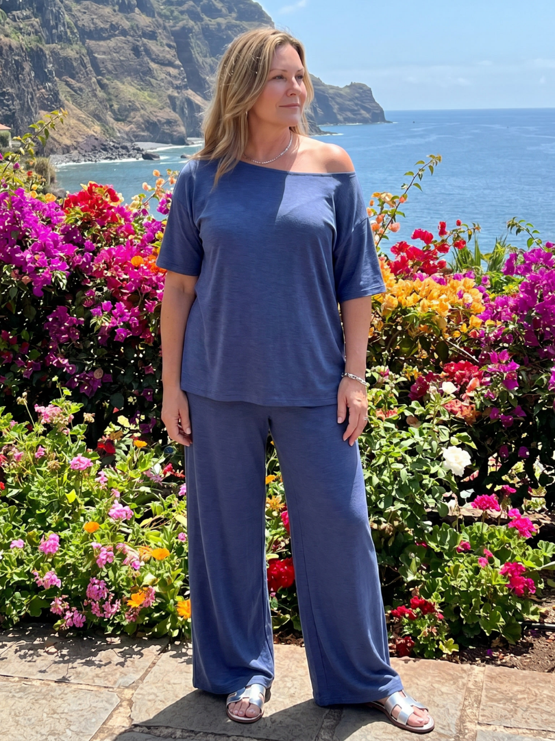 Elarim | Short Sleeve Off Shoulder Top and Wide Leg Trousers Set