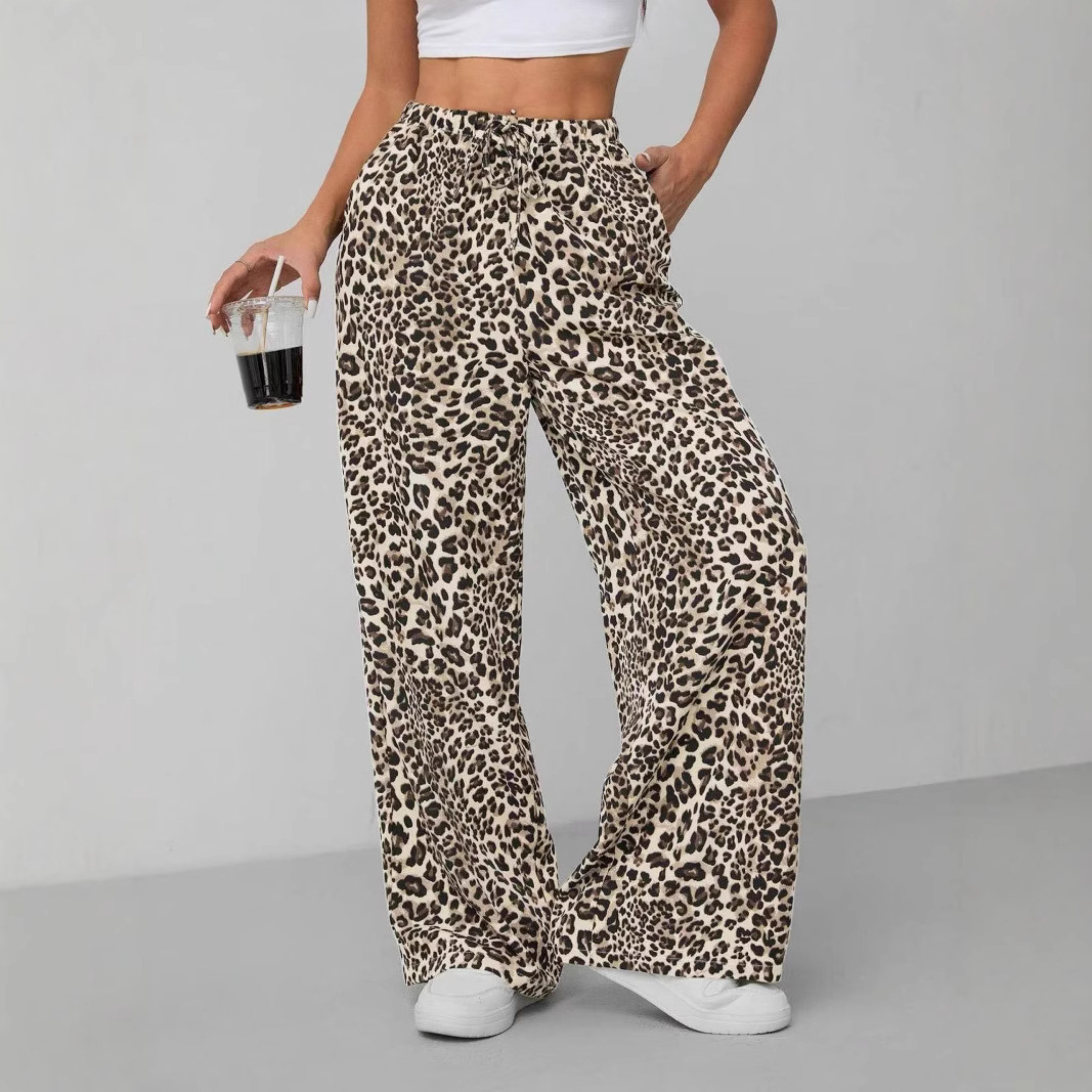 SYALA™ - Vintage Leopard Tie Front Wide Leg Trousers