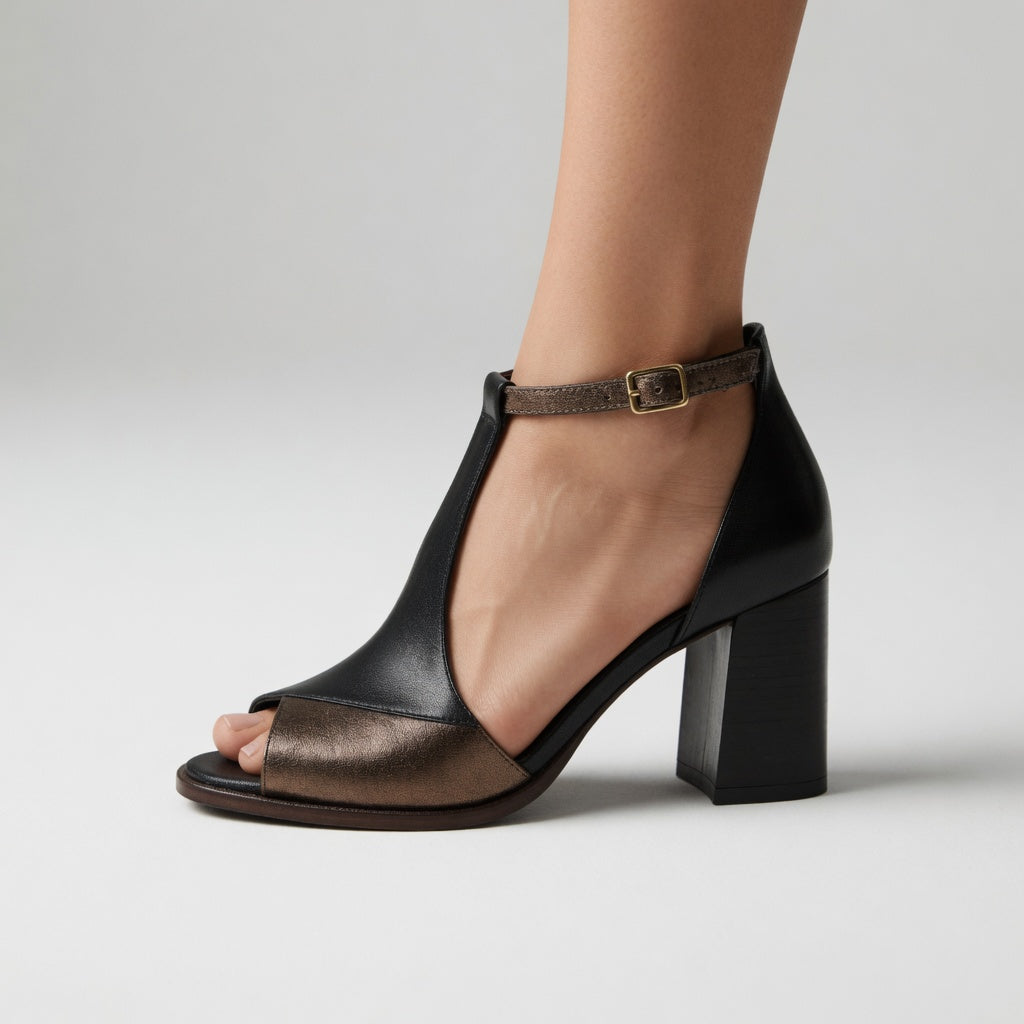 Elwira™ — Two-tone block heel sandals with a bold urban elegance