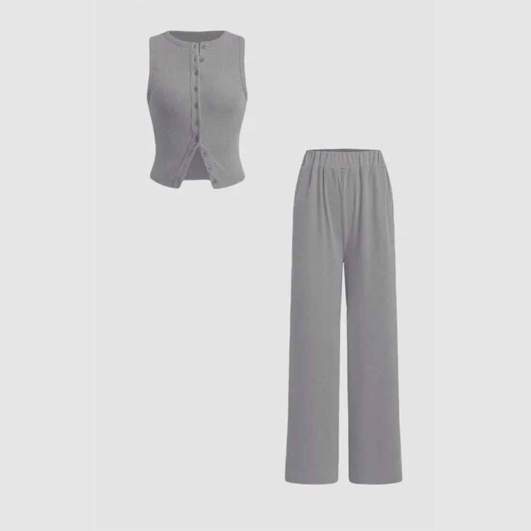 CLAIRE™ - Elegant Ribbed Button Tank and Trousers Set