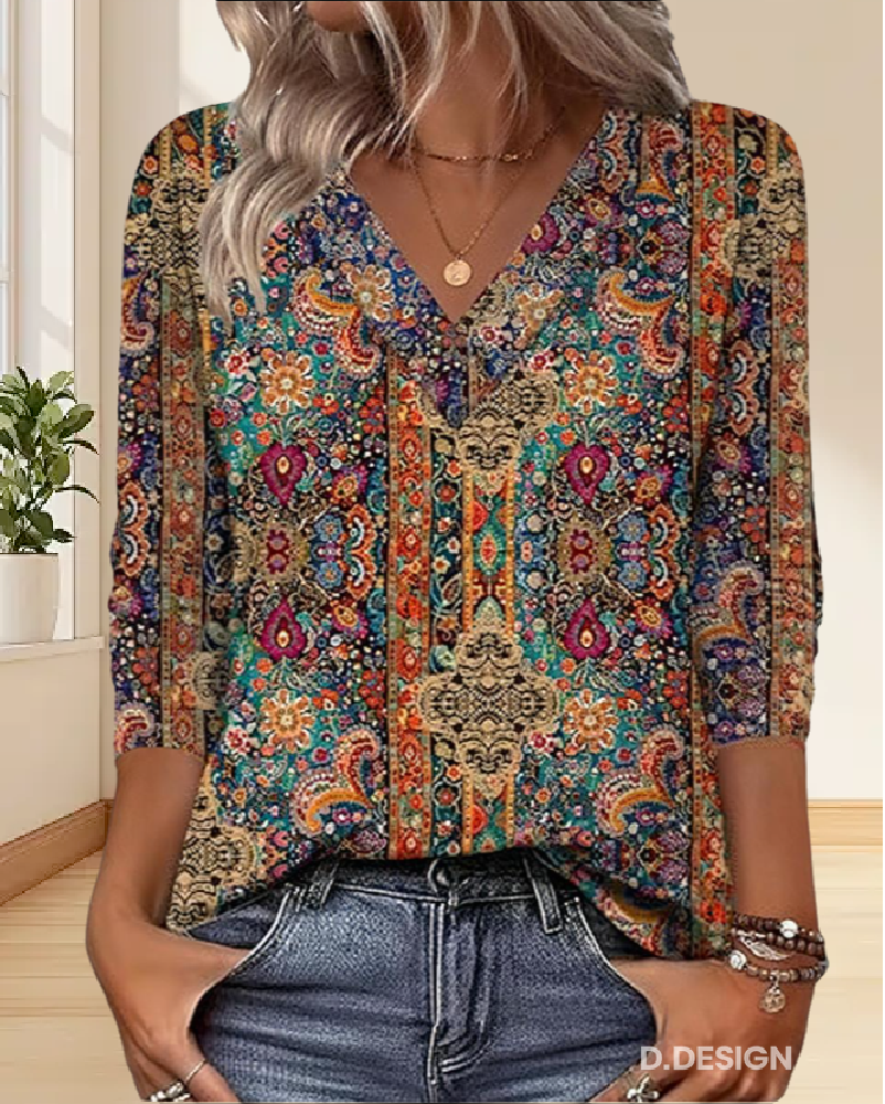 Katherine - Retro Printed Blouse V-Neck