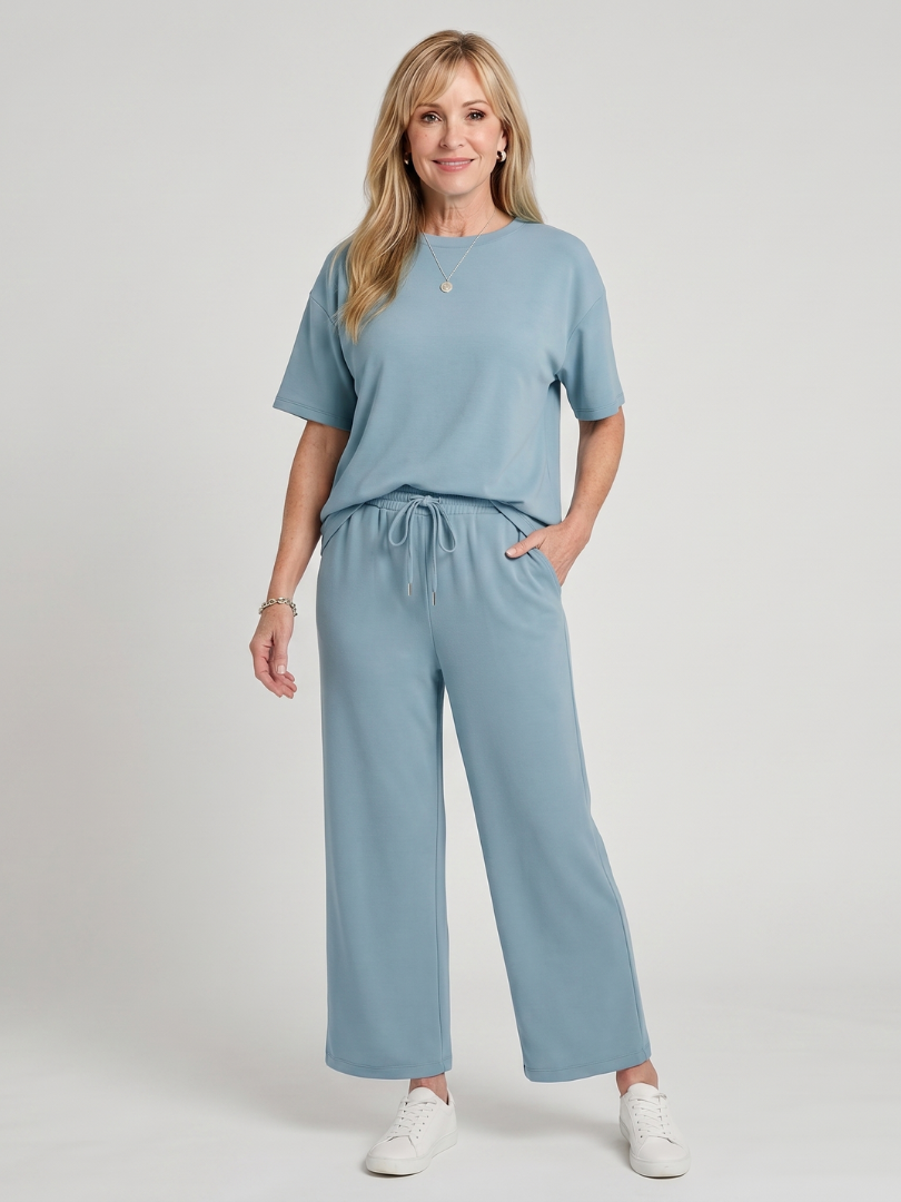 Wihel | Short Sleeve Drawstring Waist And Straight Leg Trousers Set