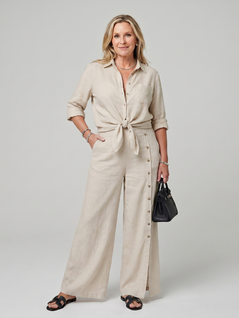 Maddelina | Long Sleeve Tie Front Top and Wide Leg Trousers Set