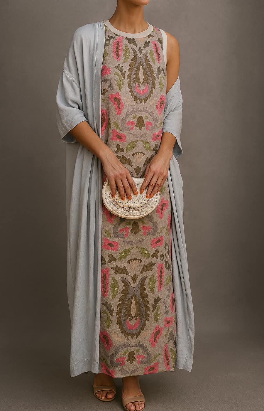 Élina | Long Printed Dress Set with Matching Gilet
