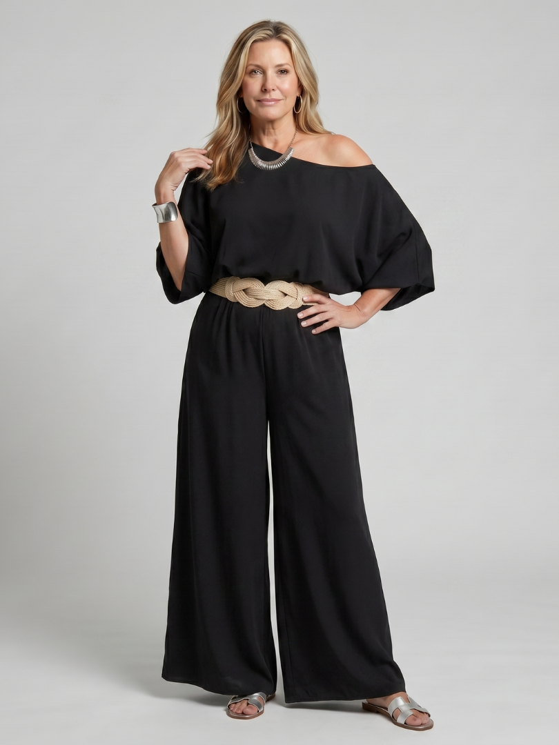 Siomara | One Shoulder Wide Sleeve Top and Wide Leg Trousers Set