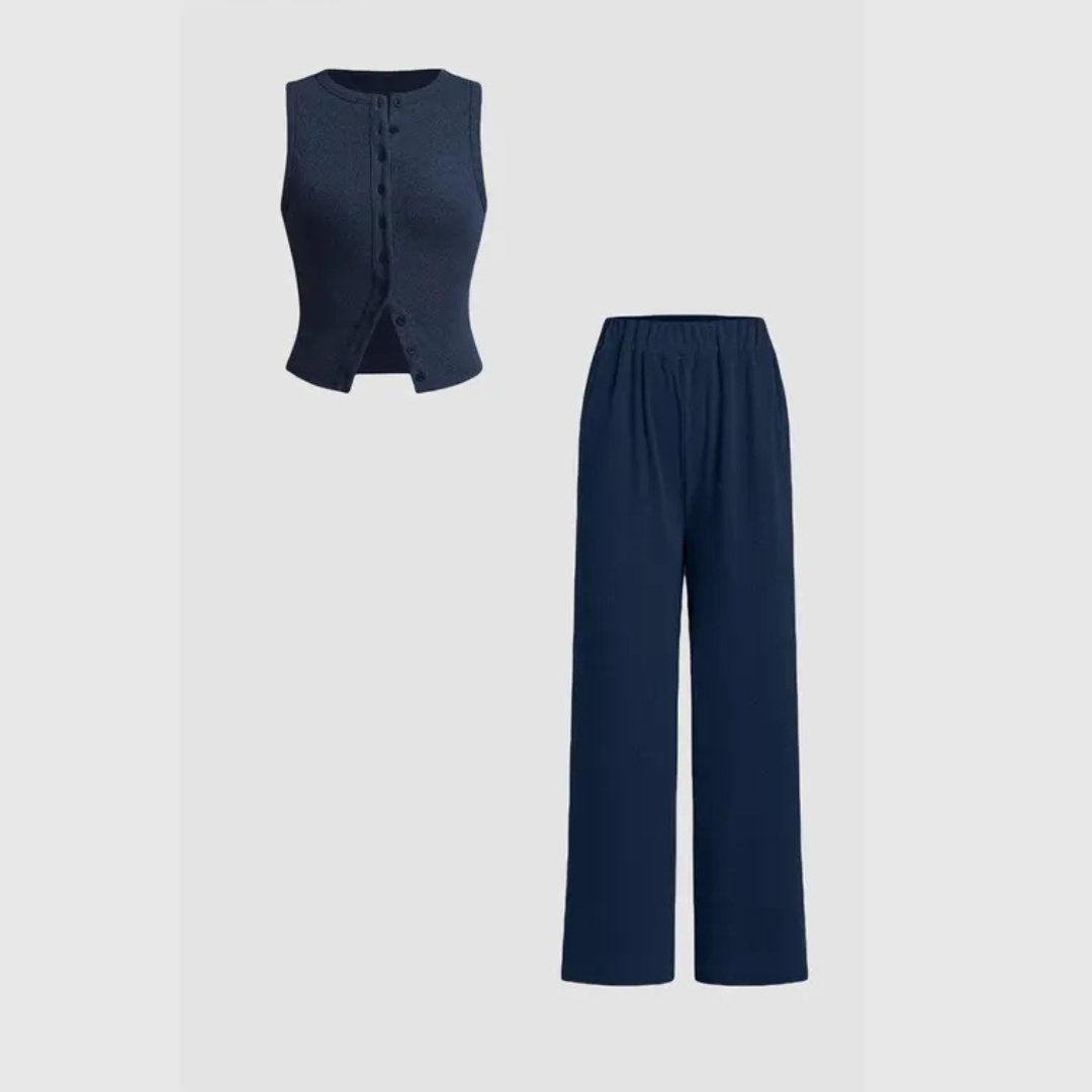 CLAIRE™ - Elegant Ribbed Button Tank and Trousers Set
