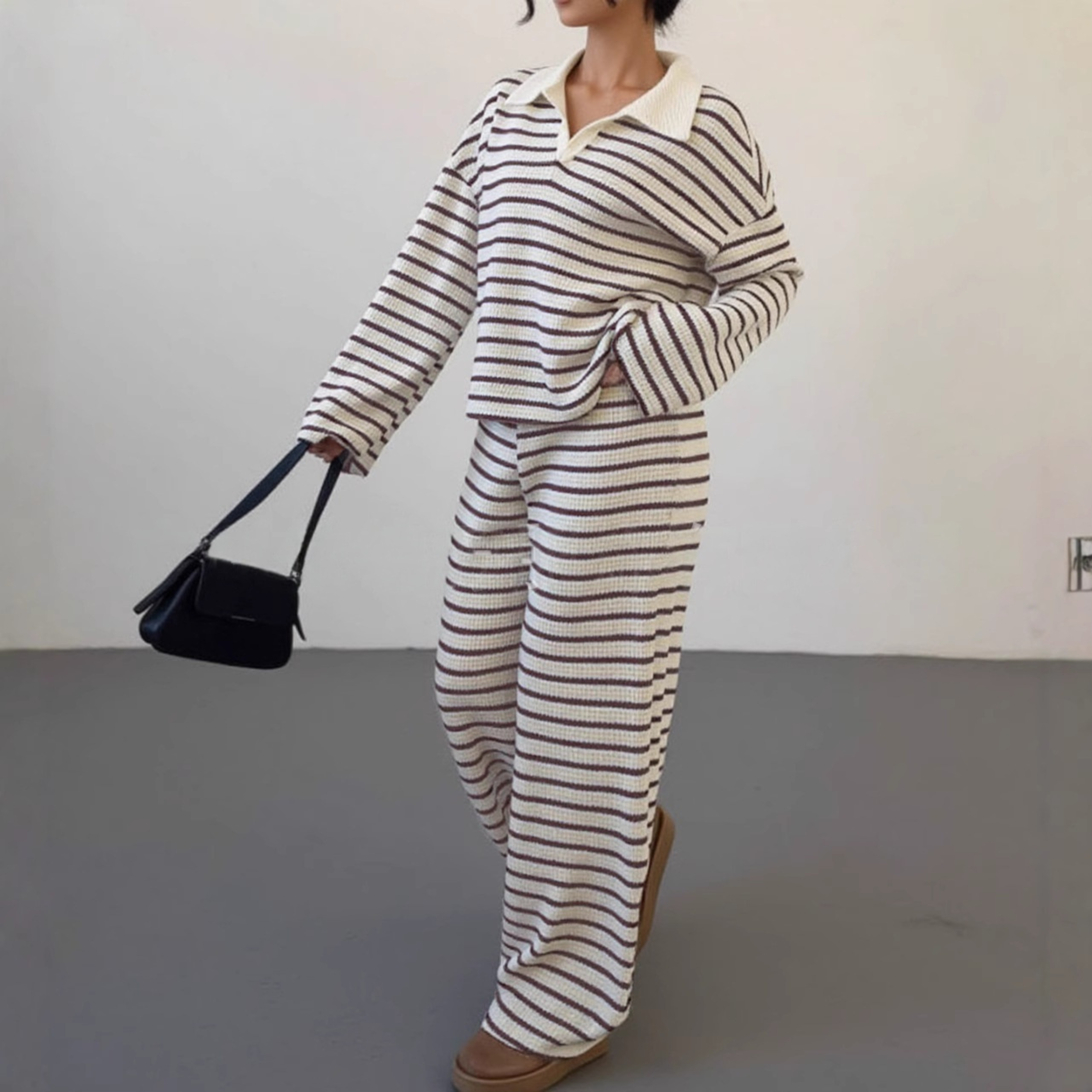 SALI™ - Casual Striped V-Neck Long Sleeve and Trousers Set