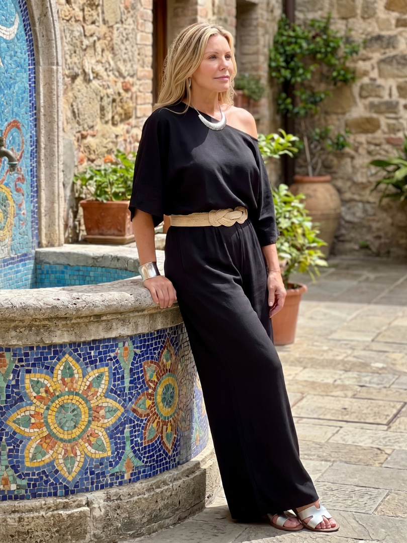 Siomara | One Shoulder Wide Sleeve Top and Wide Leg Trousers Set