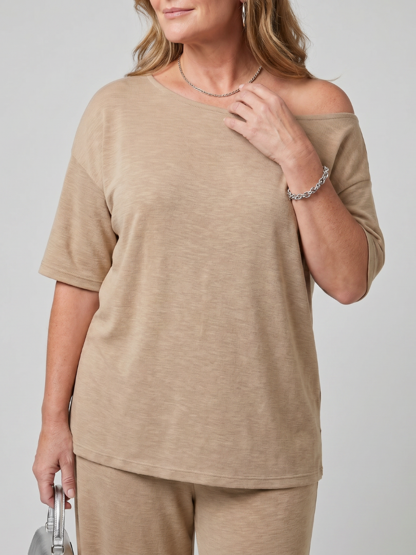 Elarim | Short Sleeve Off Shoulder Top and Wide Leg Trousers Set