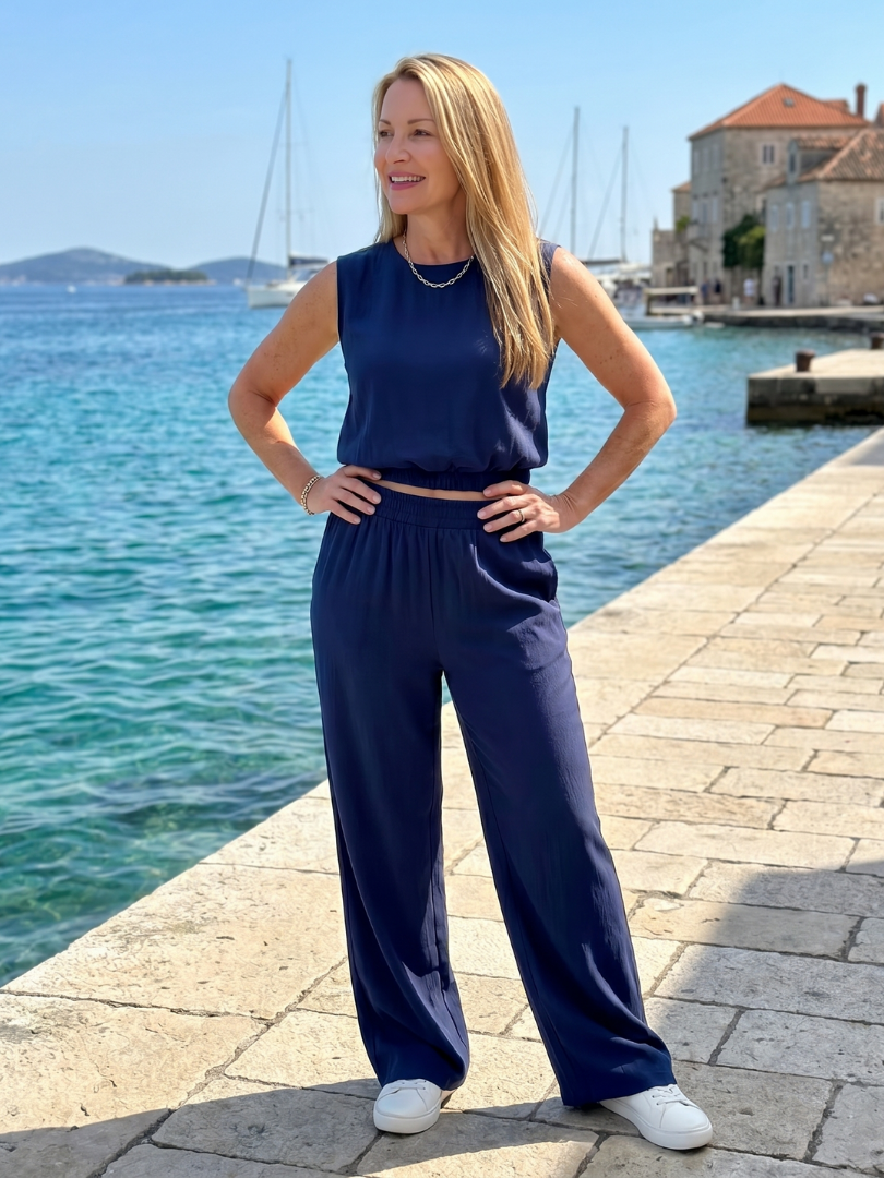 Otilia | Sleeveless Crew Neck Elastic Waist Leg Trousers Set