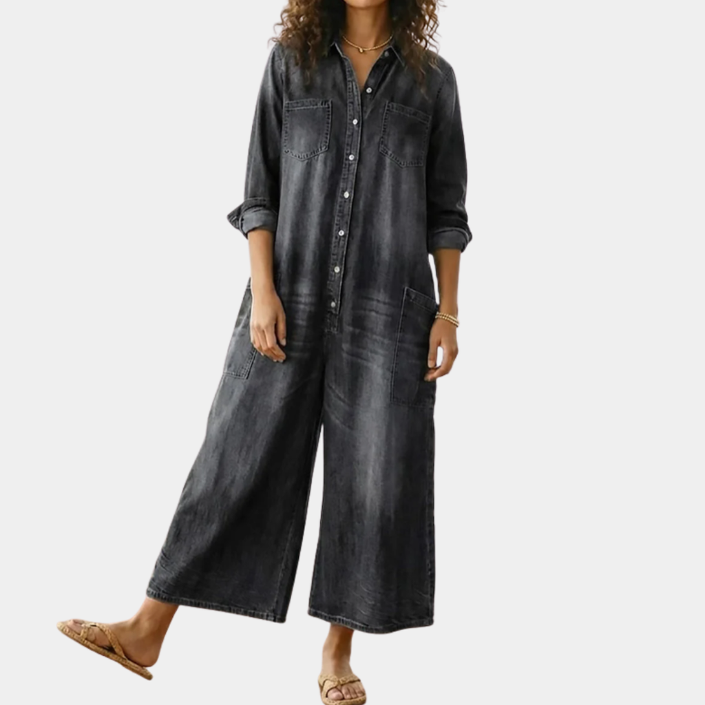 Saylor - Vintage Washed Soft Cotton Denim Jumpsuit with Button Closure
