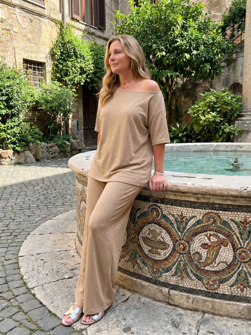 Elarim | Short Sleeve Off Shoulder Top and Wide Leg Trousers Set