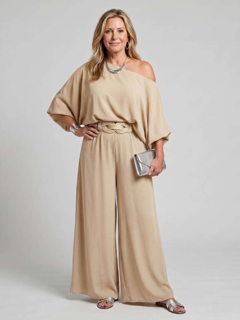 Siomara | One Shoulder Wide Sleeve Top and Wide Leg Trousers Set
