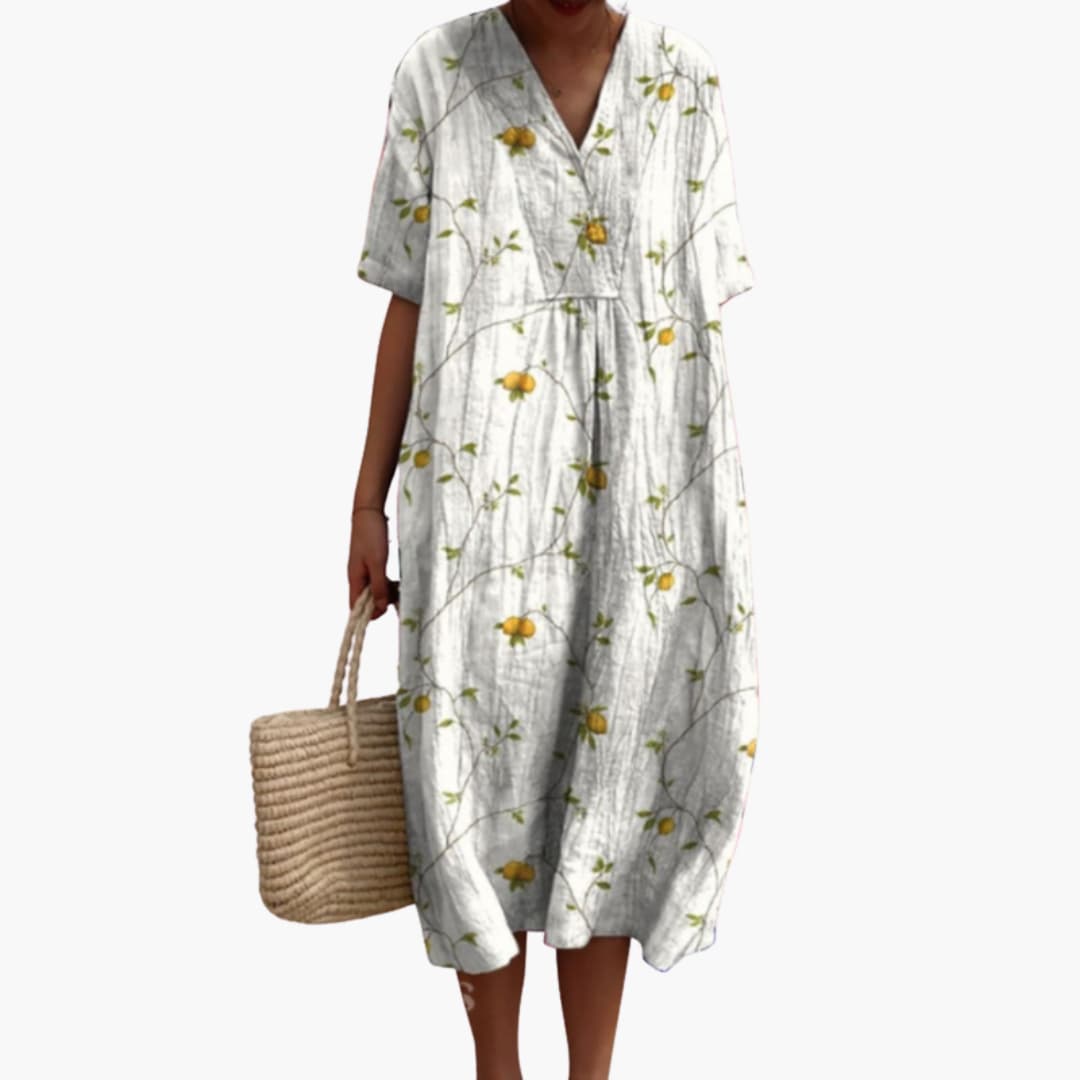 Shirley | Floral Cotton V Neck Short Sleeve Oversized Casual Midi Dress