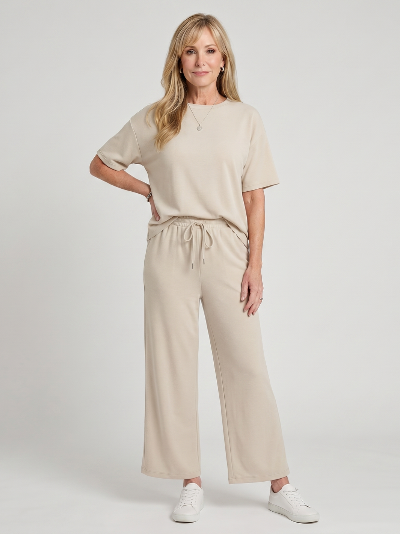 Wihel | Short Sleeve Drawstring Waist And Straight Leg Trousers Set