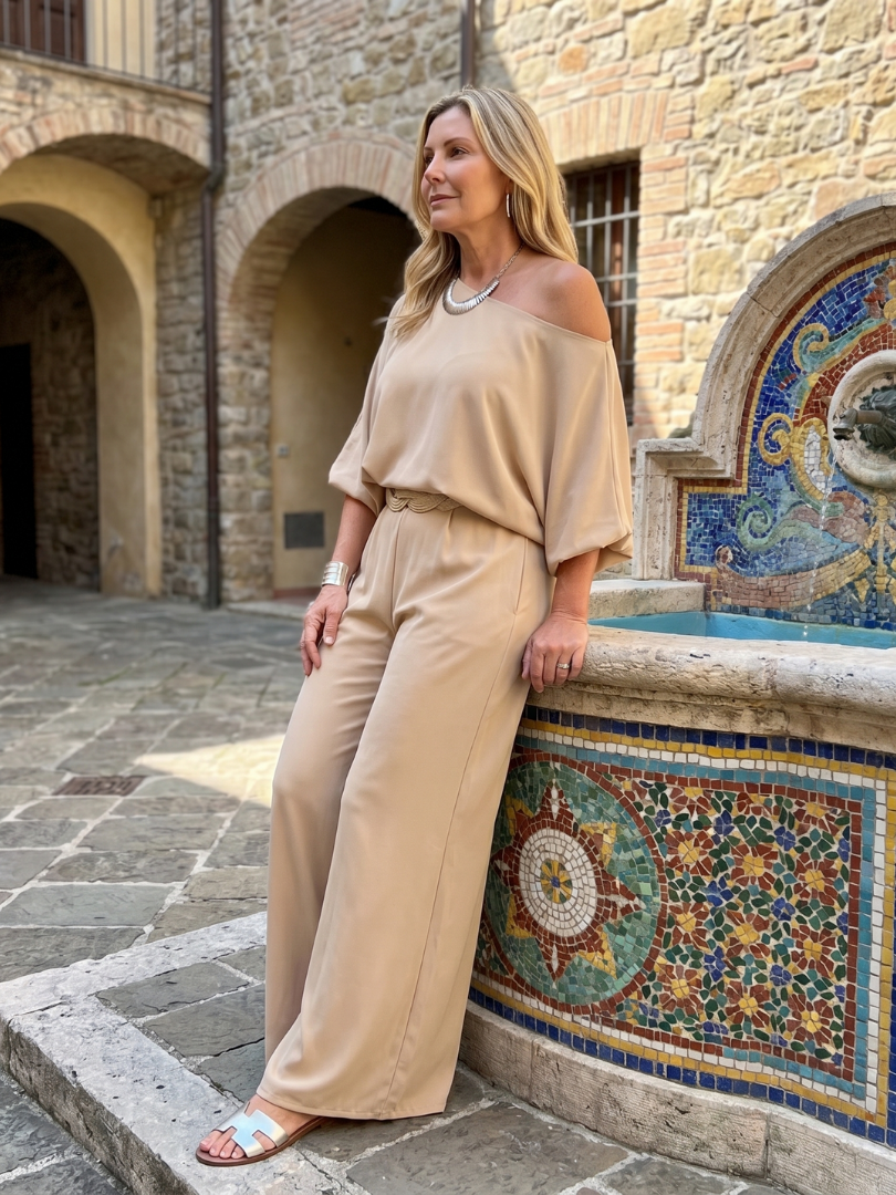 Siomara | One Shoulder Wide Sleeve Top and Wide Leg Trousers Set