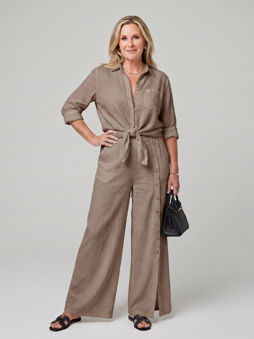 Maddelina | Long Sleeve Tie Front Top and Wide Leg Trousers Set