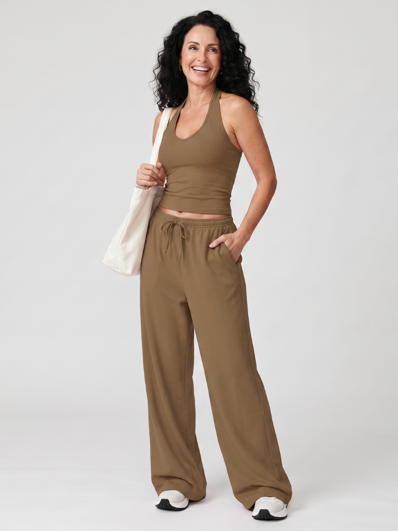 Helena | Sleeveless Scoop Neck Top and Wide Leg Trousers Set