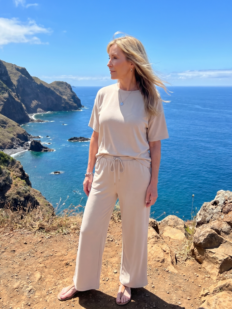 Wihel | Short Sleeve Drawstring Waist And Straight Leg Trousers Set